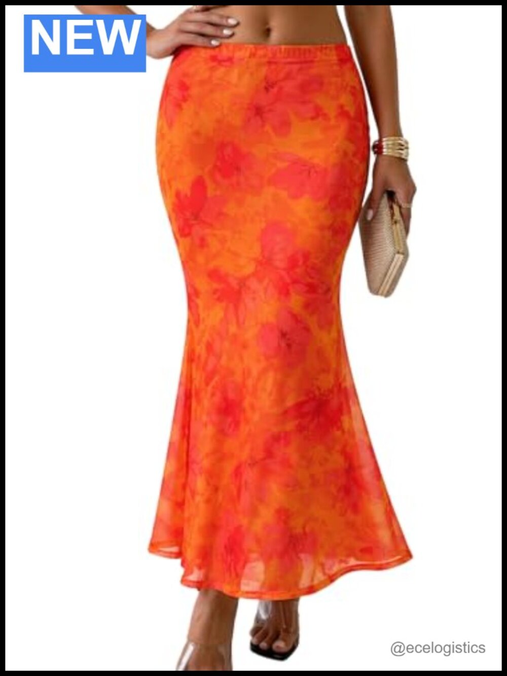 Women's Floral Mesh Maxi Skirt Boho Flowy Ruffled High Waist Long Skirt